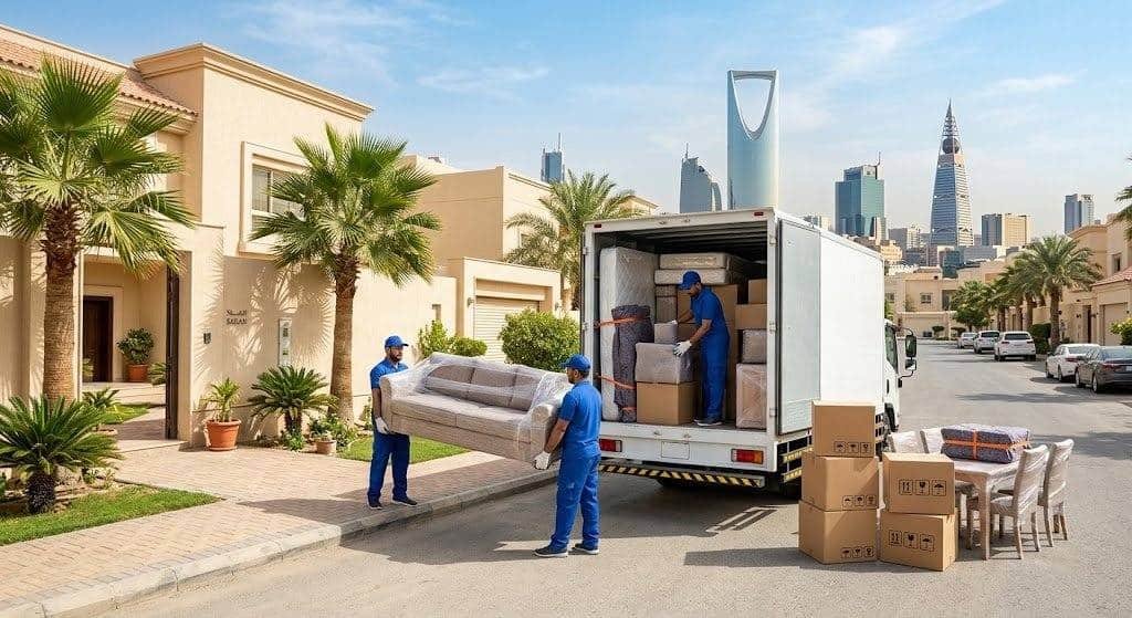 فريق عمل محترف يقوم بتغليف ونقل الأثاث بعناية فائقة ضمن خدمات شركة نقل عفش بخميس مشيط لضمان حماية الممتلكات ووصولها بأمان تام وبدون أي خدوش.