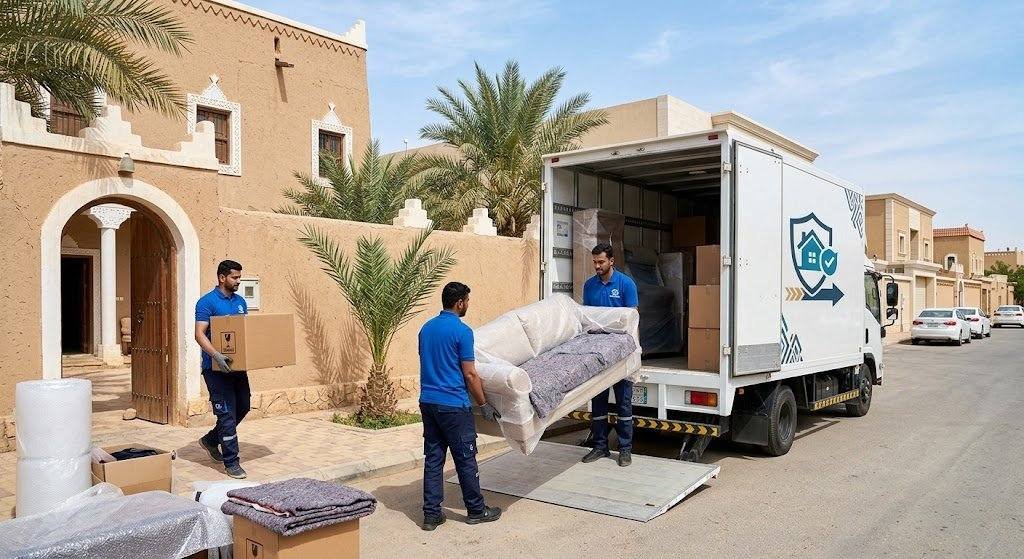 فريق عمل محترف يقوم بفك وتغليف ونقل الأثاث بأمان وعناية ضمن خدمات شركة نقل عفش خميس مشيط لضمان راحة وسلامة ممتلكات العملاء.