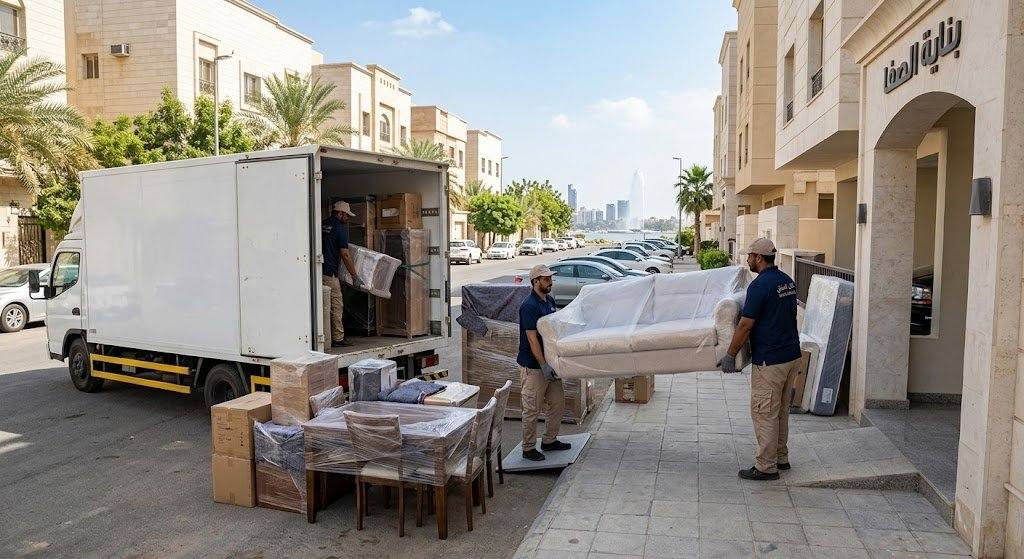 فريق عمل محترف يقوم بفك وتغليف ونقل الأثاث بعناية ضمن خدمات نقل عفش حي الراقي بخميس مشيط لضمان حماية المنقولات وسلامتها.
